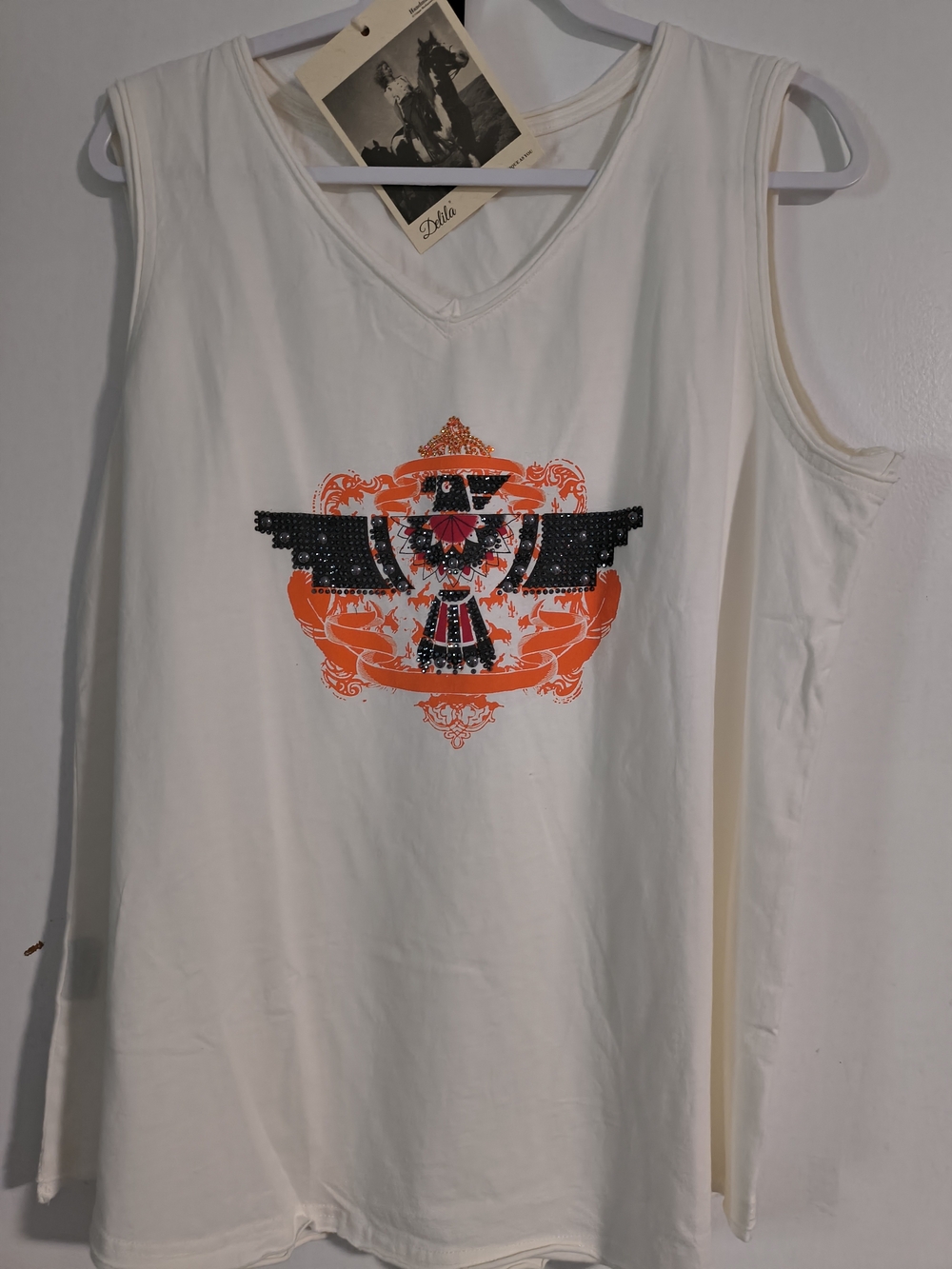 Delila White Tank Top with Orange & Black Emblem